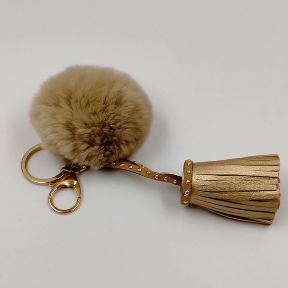 Keychain Accessory Tan Metallic with Puff & tassel Never used - Picture 1 of 1